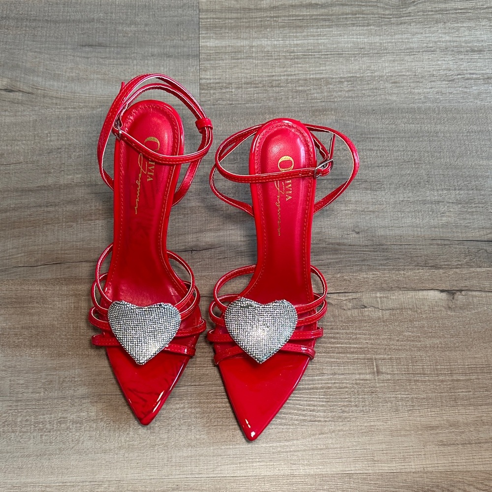 Red Crystal Heart Strappy Pointed-Toe Heels